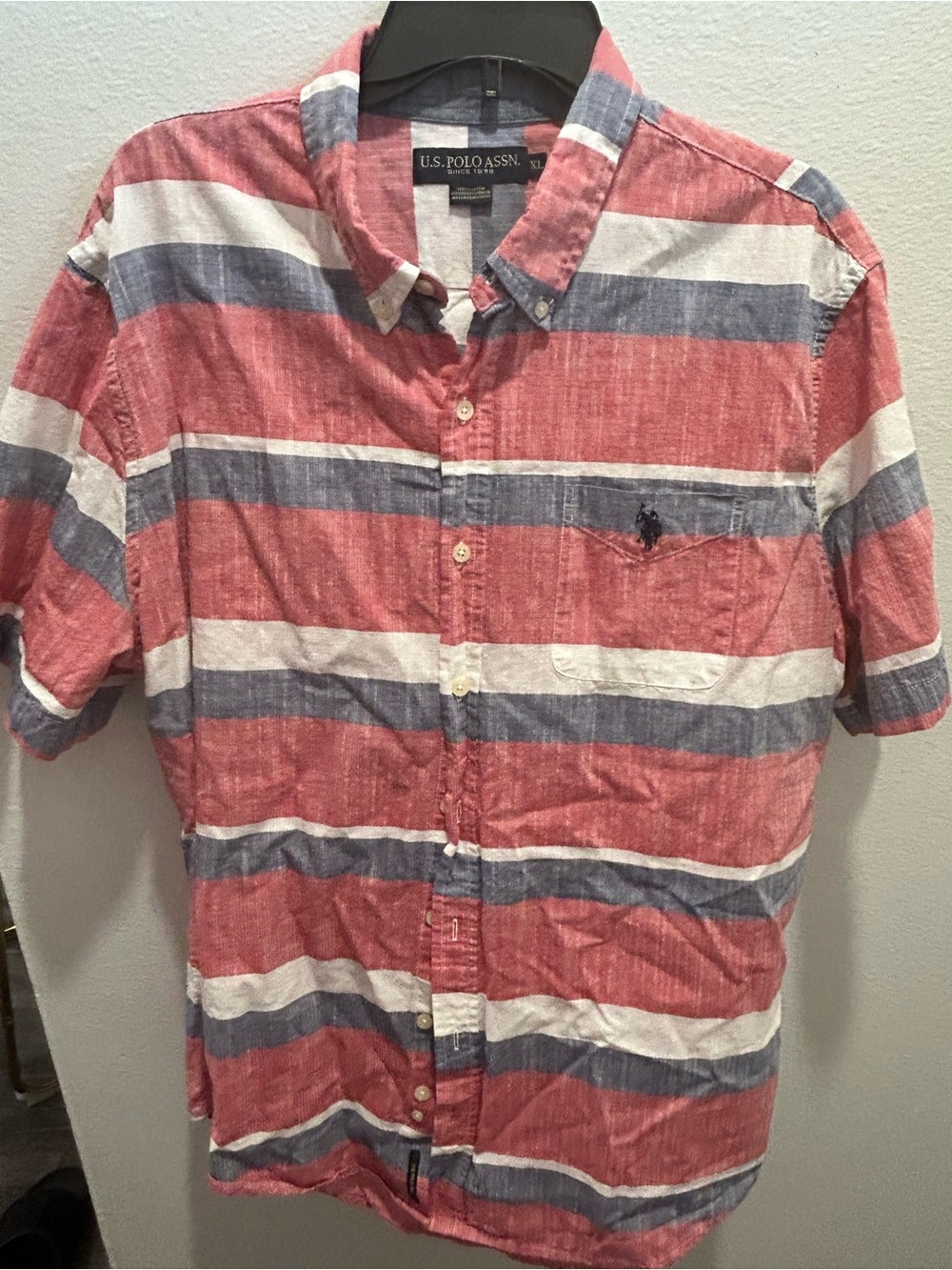 U.S. Polo Assn. Short Sleeve Button-Down Shirt in Red, Blue & White Stripes